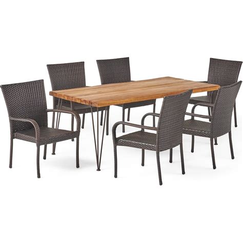 Noble House Walker 7 Piece Wood Top Patio Dining Set In Teak And Brown
