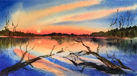 Painting Of Sunset Reflections On A Lake Watercolor Painting