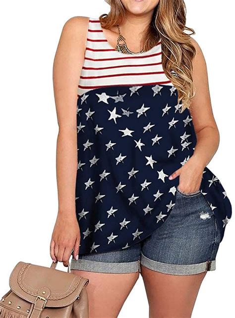 Yonywa 4th Of July Women American Flag Plus Size Tank Top Summer Sleeveless Stars And Stripes