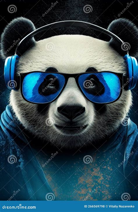 Portrait Of Panda Wearing Headphones And Glasses Ai Generated Stock
