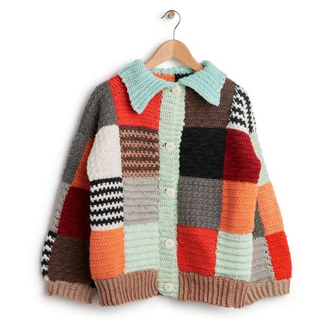 Caron Crochet Patchwork Cardigan Yarnspirations Gros Pull Tricot