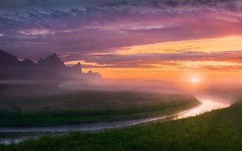 Nature Landscape River Midnight Mist Sky Norway Mountain Summer