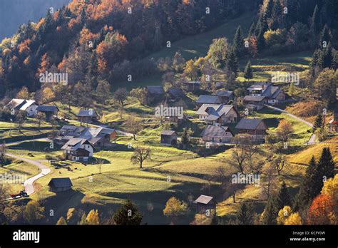 Mountain Slovenia Mountain Village In Alps Houses On The Hills In