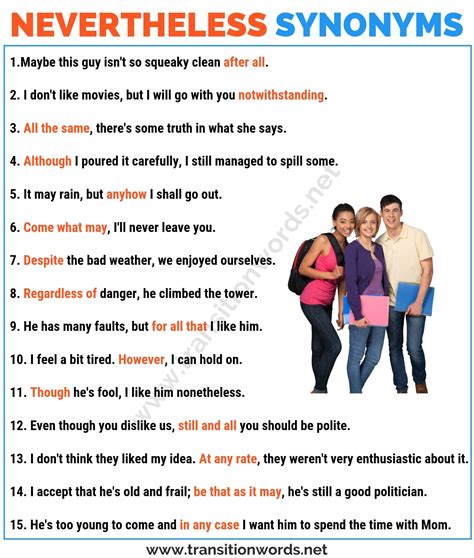Find 15 ways to say nevertheless, along with antonyms, related words, and example sentences at thesaurus.com, the world's most trusted free thesaurus. NEVERTHELESS Synonym: List of 35 Useful Synonyms for ...