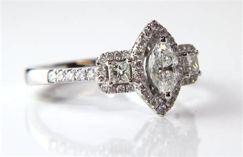 3 stone diamond center marquise cut and side princess cut wedding ring 925 sterling silver
