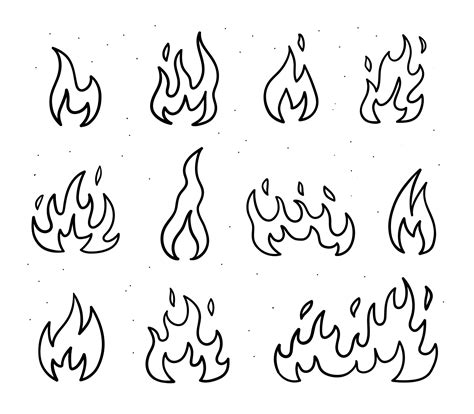 Fire Icons In Doodle Style Hand Drawn Flames Vector Linear