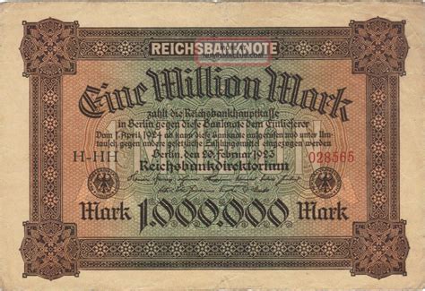 1923 1 Million Mark Germany Currency Reichsbanknote German Banknote