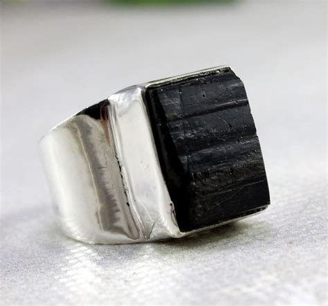 Black Tourmaline Mens Ring Raw Black Tourmaline Ring Mens Silver