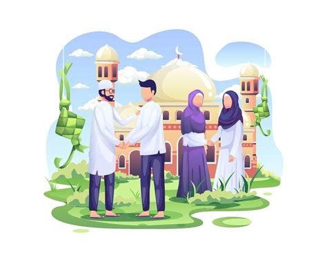 Happy Muslim People Celebrate Eid Mubarak By Shaking Hands In The Front Of Mosque 2136486 Vector