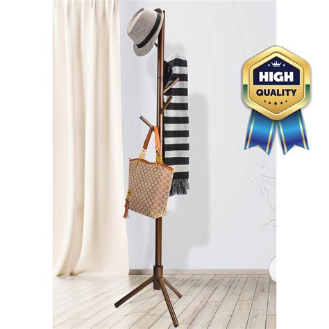 Premium Wooden Coat Rack Free Standing With 6 Hooks Lacquered Pine