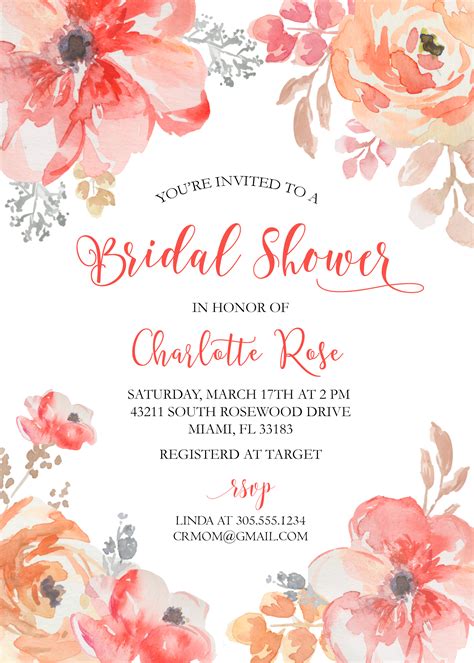 Watercolor Roses Bridal Shower Invitation Red Floral Blush