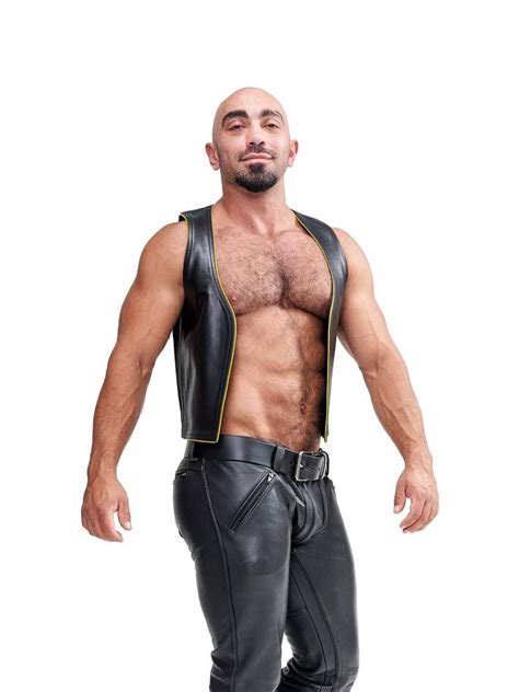 Mister B Leather Muscle Vest Pig Black Yellow Shirts And Vests