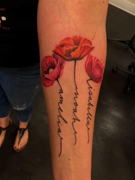 Roses are a symbol of love, so they are a common tattoo for lovers to. Mothers Poppy tattoo with children's names in stems ...