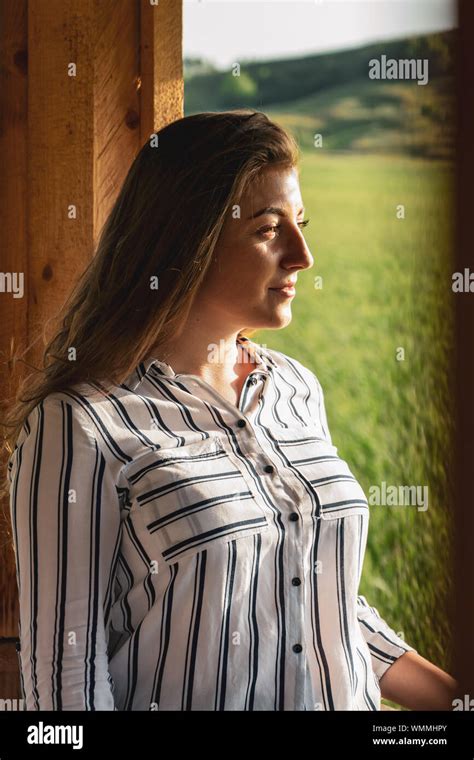 Beautiful Girl Wearing A Striped Shirt Looking Far Away At Reed National Reservation Sic