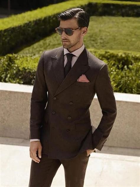 2019 Double Breasted Brown Wedding Suits 2 Pieces Mens Suits Slim Fit