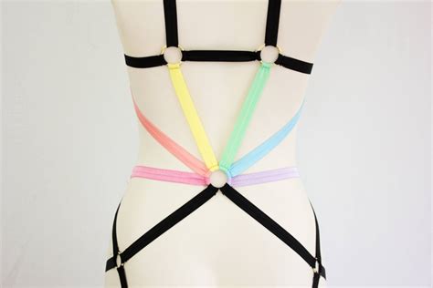 rainbow harness festival outfit pastel goth pride clothing black body harness lingerie