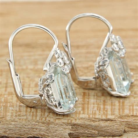 18k Solid White Gold Natural Aquamarine And Diamond Dangle Leverback