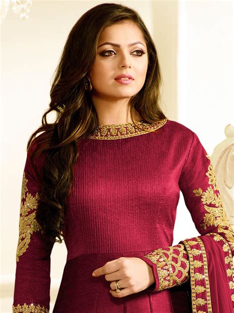 Buy Drashti Dhami Wine Color Silk Party Wear Anarkali Kameez In Uk Usa And Canada