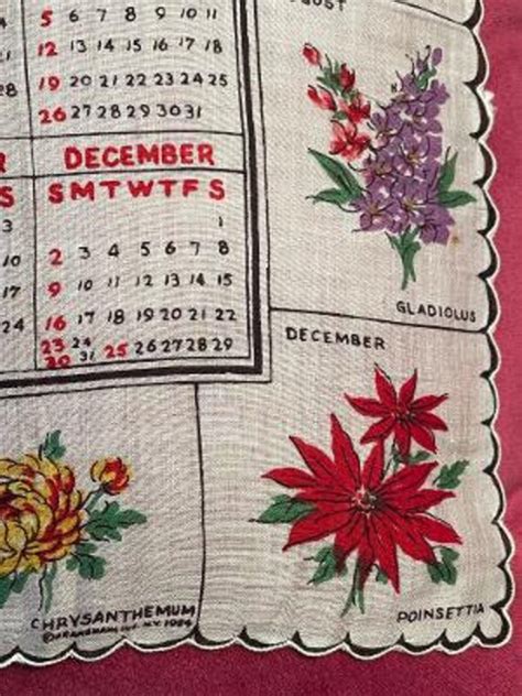 1956 Flower Calendar Handkerchief By Franshawe Inc Gem