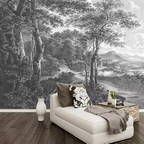 Custom Wallpaper Mural Black And White Hand Painted Forest Bvm Home