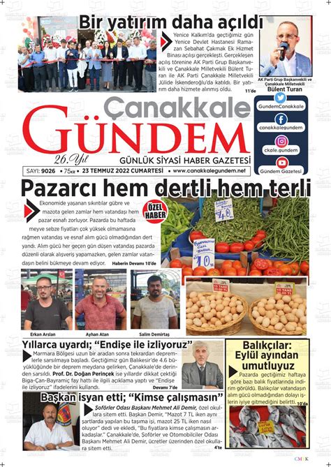 23 Temmuz 2022 tarihli Çanakkale Gündem Gazete Manşetleri