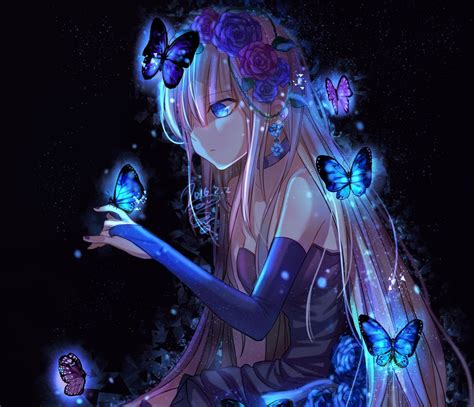 Anime Girl Long Hair Blue Eyes Anime Butterfly Purple Blue Wallpaper