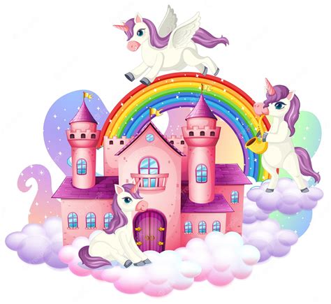 Premium Vector Many Cute Unicorns Cartoon Character With Castle On