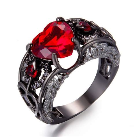 Womens Ring Black Gold Plated With Red Cubic Zirconia Heart Stone