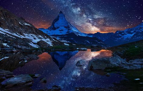 Wallpaper The Sky Stars Snow Night Lake Mountain Switzerland
