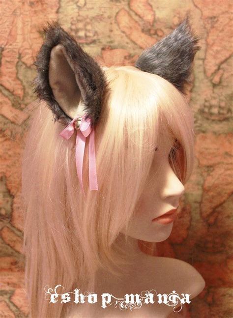 Grey Black White Mix Inner Khaki Beige 9 Cm Kitty Cat Ear Fox Wolf Ear