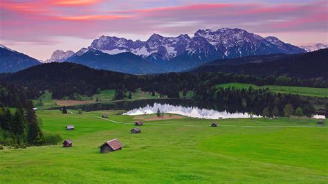Germany Bavaria Landscape Mountains Alps Forest Grass Houses Lake