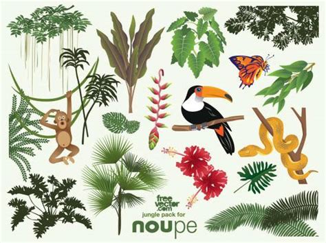 無料素材：ポリゴン風の動物やジャングルの植物を描いたベクターイラストセット：switchbox