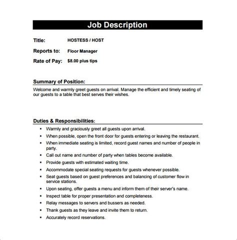 Free Job Description Template Of 9 Hostess Job Description Templates