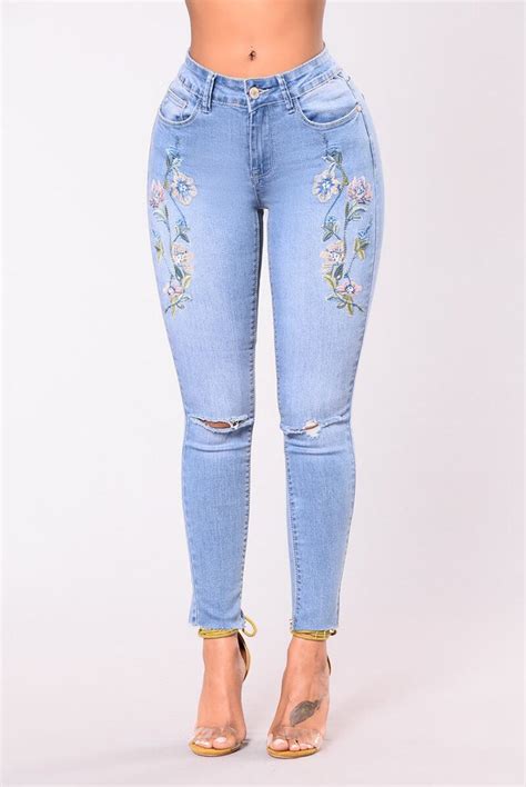 Chic Floral Embroidery Skinny Jeans Woman Classic Blue Plus Size Push Up Pencil Denim Pants