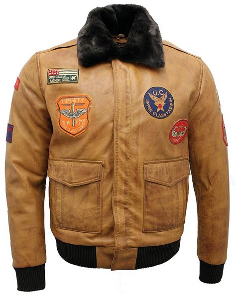 Mens Tan Leather Us Air Force Flying Bomber Jacket With Detachable