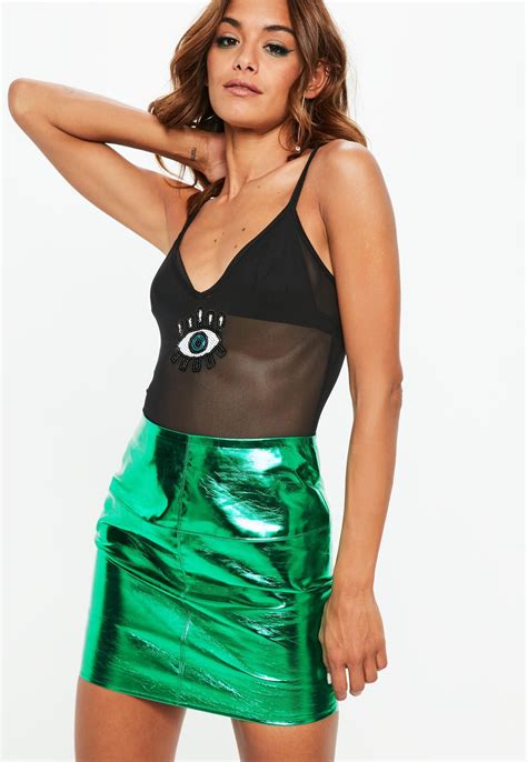 Green Metallic Faux Leather Mini Skirt Missguided With Images