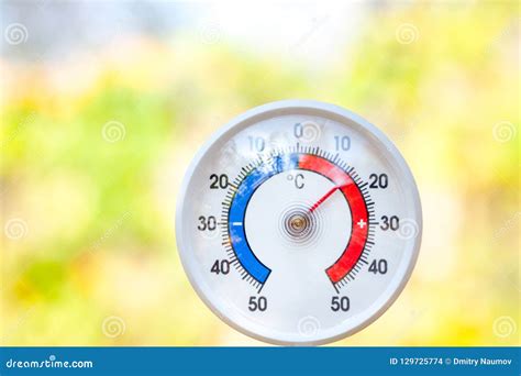 Outdoor Thermometer Shows Moderate Temperature Fresh Weather Stock