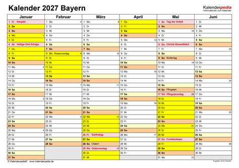 Kalender 2027 Bayern Ferien Feiertage Pdf Vorlagen