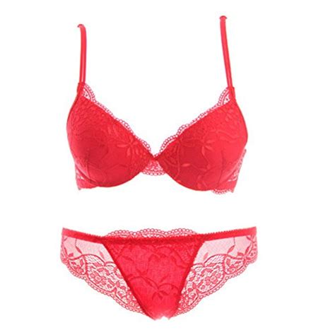 Etosell Women Sexy Deep V Lace Underwire Bra Set Push Up Bra Outfit Red