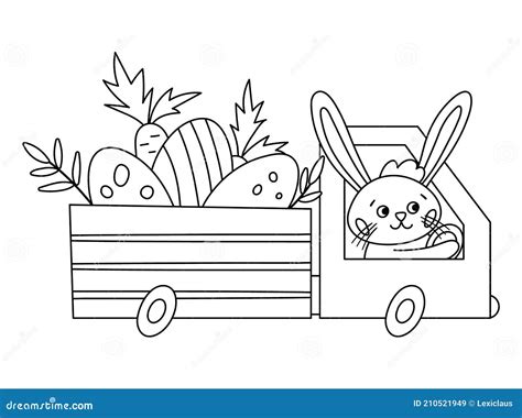 Vector Black And White Easter Outline Truck Icon With Eggs And Carrots