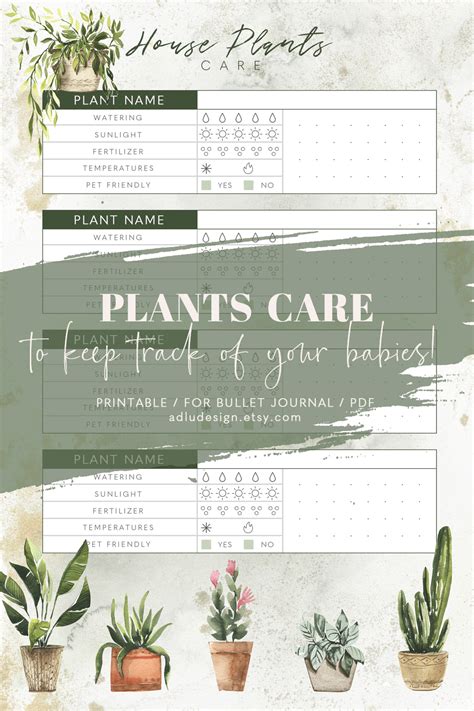 Houseplants Care Printable For Bullet Journal Gardening Care Listing