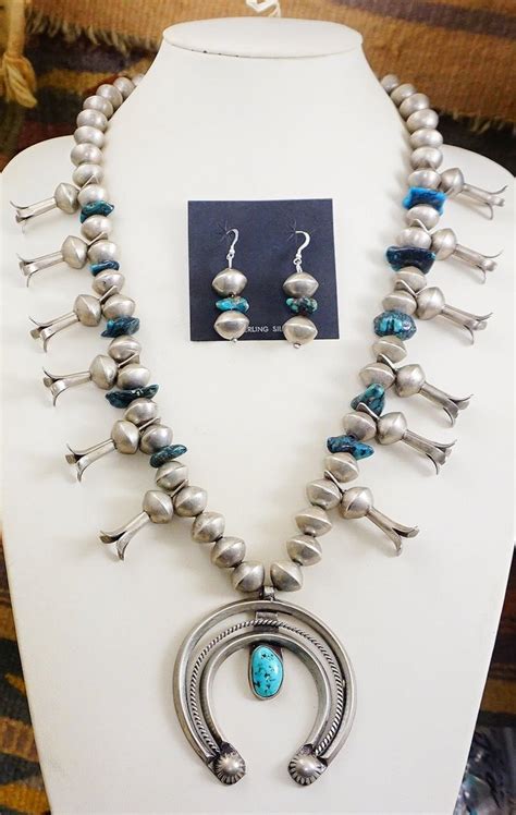 Item 954N Vintage Navajo Turquoise Silver Squash Blossom Necklace And