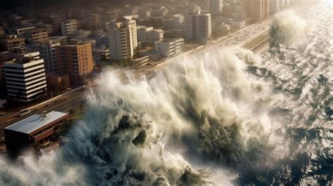 Premium Ai Image Tsunami Waves Crashing Into Coastal City Flooding