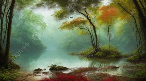 Gambar Lukisan Landskap Semula Jadi Yang Indah Di Hutan Hujan Ai Dijana