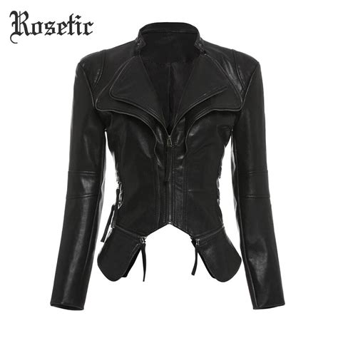 Rosetic Gothic Black Faux Leather Pu Jacket Women Winter Autumn