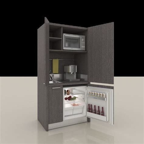 A mini fridge and a cooktop. Kitchenette with integrated appliances / hidden / compact ...