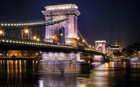 Szechenyi Chain Bridge Budapest Hungary Danube River Night Lights