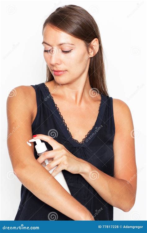 Brunette Woman Putting Lotion On Stock Photo Image Of Natural Apply