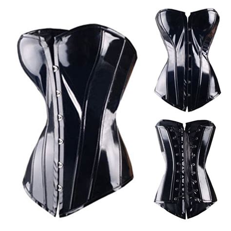 Black Waist Slimming Corset Lace Up Overbust Sexy Faux Leather Pvc