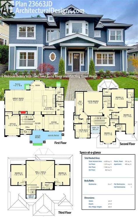 Southwest style house plan 41109 with 4 bed, 4 bath, 2 car garage. Plan 23663JD: 6 Bedroom Beauty with Third Floor Game Room and Matching Guest House in 2019 ...